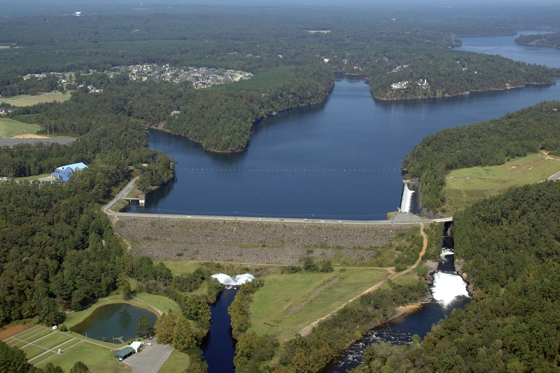 Aerial view of a river dam