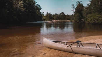 A wooden canoe parked next to a river
