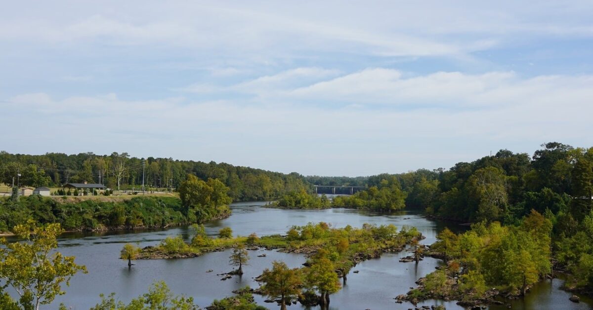 A Large Body Of Water Surrounded By Trees